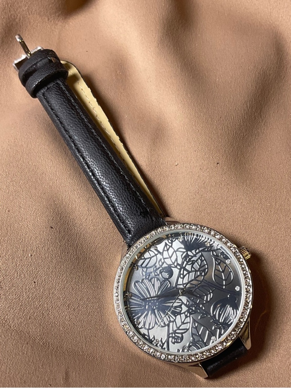 Women’s Floral Skeleton Dial Watch Rhinestone Bezel Black Quartz Fashion Watch
